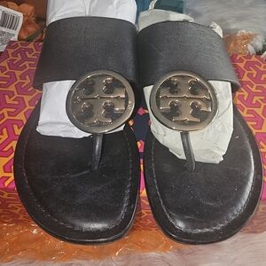 Tory Burch Black Sandals with Gold Logo